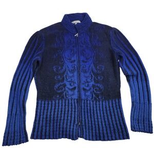 Caamano Hand Knit Baby Alpaca Cardigan Full Zip Mock Neck XL Blue Black Peru